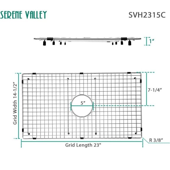 Serene Valley Sink Bottom Grid 23" X 14-1/2", Rear Drain with Corner Radius 3/8" - Picture 2 of 2